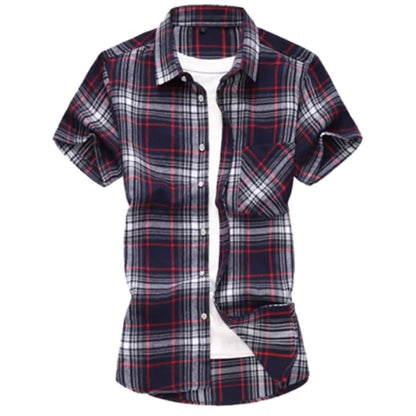 Striped Plaid Short-sleeved Shirt Men's Single-breasted Square Collar Cotton Shirts Summer Fashion Casual Camisa Men Chemise 7XL