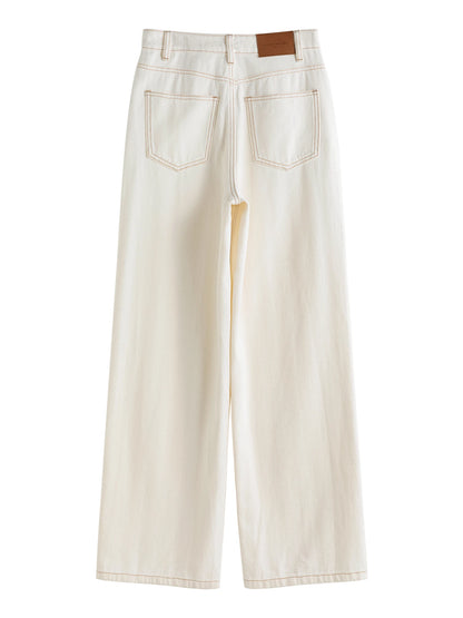 ZIQIAO Women Beige Full Length Women Jeans 2024 Autumn New High Waist Cotton Office Lady Casual Female Long Pants 24ZQ93118