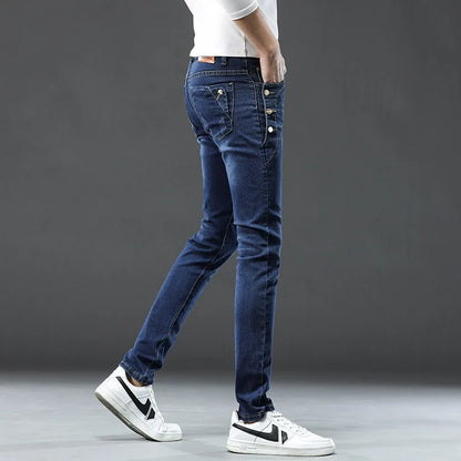 Classic Slim Vintage Fashion Men's Designer Jeans Snowflake Grey Wash Korean Fashion Stretch Pants Multi-button Denim Trousers