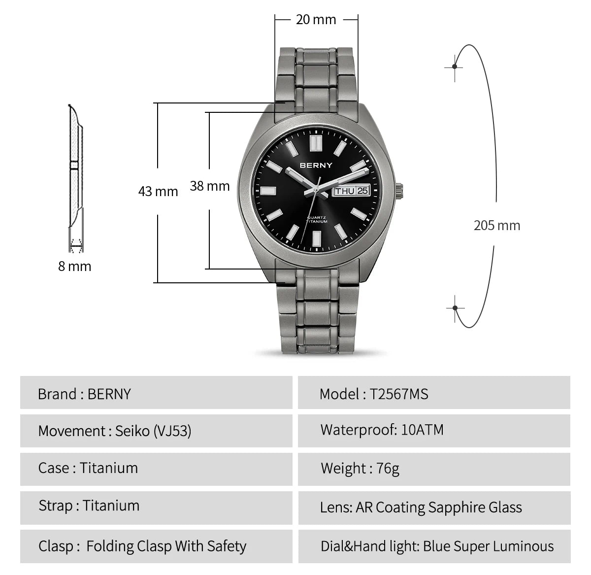BERNY Titanium Watch for Men Supper Light Weight Wristwatch Super Luminous Sapphire 10ATM Waterproof Sport Field Quartz Watches