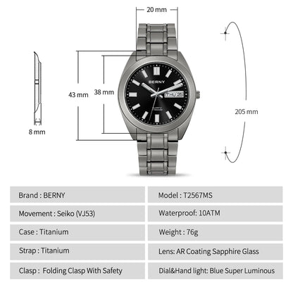 BERNY Titanium Watch for Men Supper Light Weight Wristwatch Super Luminous Sapphire 10ATM Waterproof Sport Field Quartz Watches