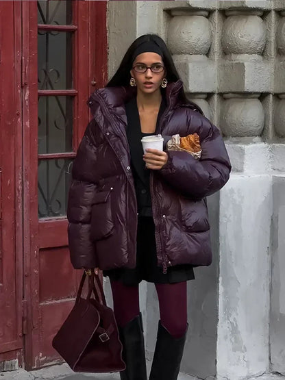 Fashion Burgundy Winter Warm Thicken Zipper Jacket Women Chic Stand Collar Pocket Cotton Coat 2024 Autumn Winter Lady Streetwear