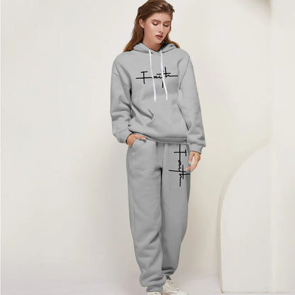 Women's Casual Tracksuit 2pcs Set Hoodie and Sweatpants Faith Printed Sportswear High Quality Ladies Home Outdoor Fashion Outfit