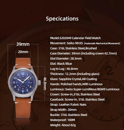 Baltany Calendar Field Wristwatches 32mm S2049 NH35 Sapphire Crystal Luminous 10ATM Stainless Steel Automatic Mechanical Watches