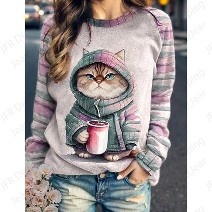 Coffee Cat 3d Print Hoodie Women Fashion Crew Neck Casual Hoodies Animal Cat Sweatshirts Girl Coats Women Sweats Female Clothes