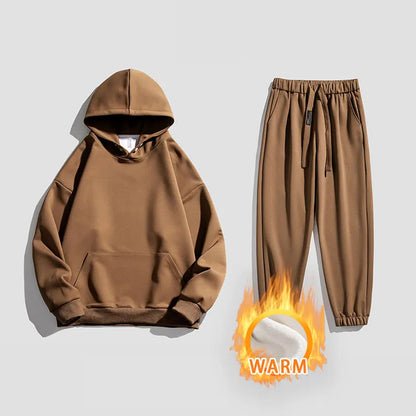 Spring Autumn Men Suit Thickened Warm Windproof Hooded Long Sleeve Trouser Solid Color Casual Sports Two Piece Running Sport Set