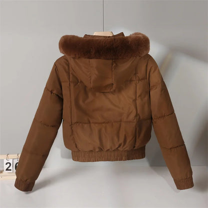 2024 Fashion Winter Short Parkas Women's Cotton-padded Jacket Fleece Liner Hooded Coats Thicken Fur Collar Warm Student Overcoat