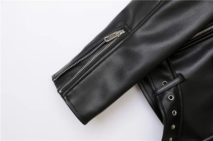 ZVRI classic black Spring and Autumn 2023 The new belt detachable epaulet motorcycle jacket leather jacket