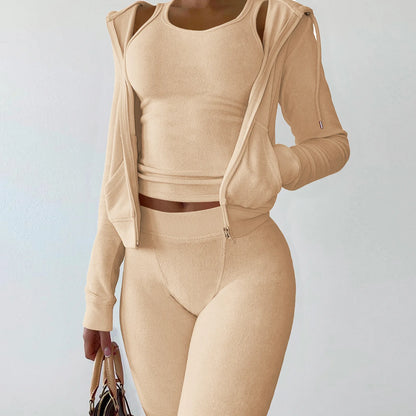 Autumn Winter Double-sided Velvet Vest 3 Piece Set For Woman's Fashion Hooded Sweatshirt Jacket Slim Pocket Trousers Female Suit