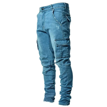 2024 Men Jeans Pencil Pants Cargo Denim Solid Ankle Length Washing Punk Mid Waist Sheath Gothic Slight Strech High Street