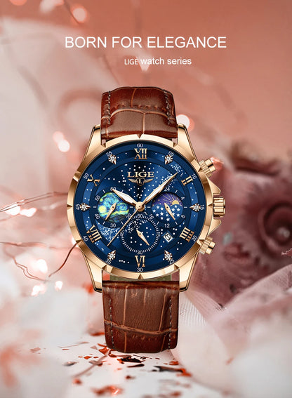 LIGE Women Watches Fashion Luxury Quartz Leather Strap Moon Phase Waterproof Luminous Wristwatch Date Business Casual Lady Clock