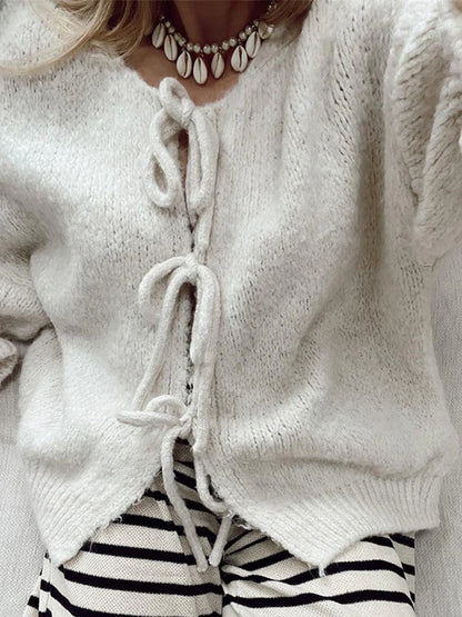 Bow Lace Up Hollow Out Knitted Cardigan  for Women