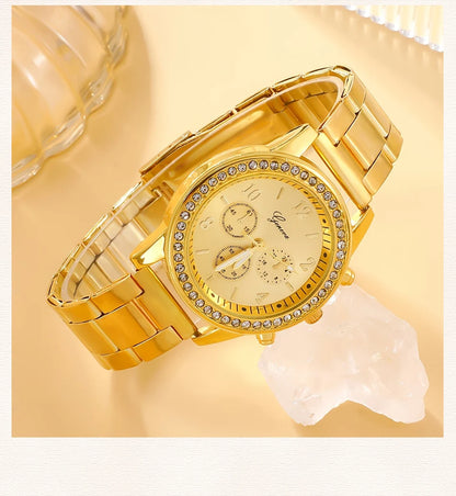 6PCS Set Luxury Watch Women Ring Necklace Earring Rhinestone Fashion Wristwatch Casual Ladies Watches Bracelet Set Clock