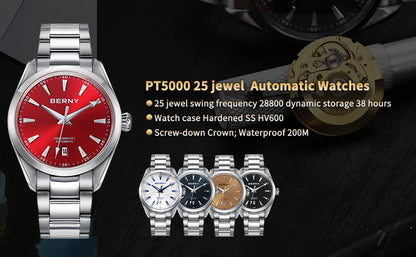 BERNY Automatic Watch for Men AR Sapphire BERNY NH35 Mechanical Male Wristwatch Stainless Steel Luxury 20ATM Waterproof Watches