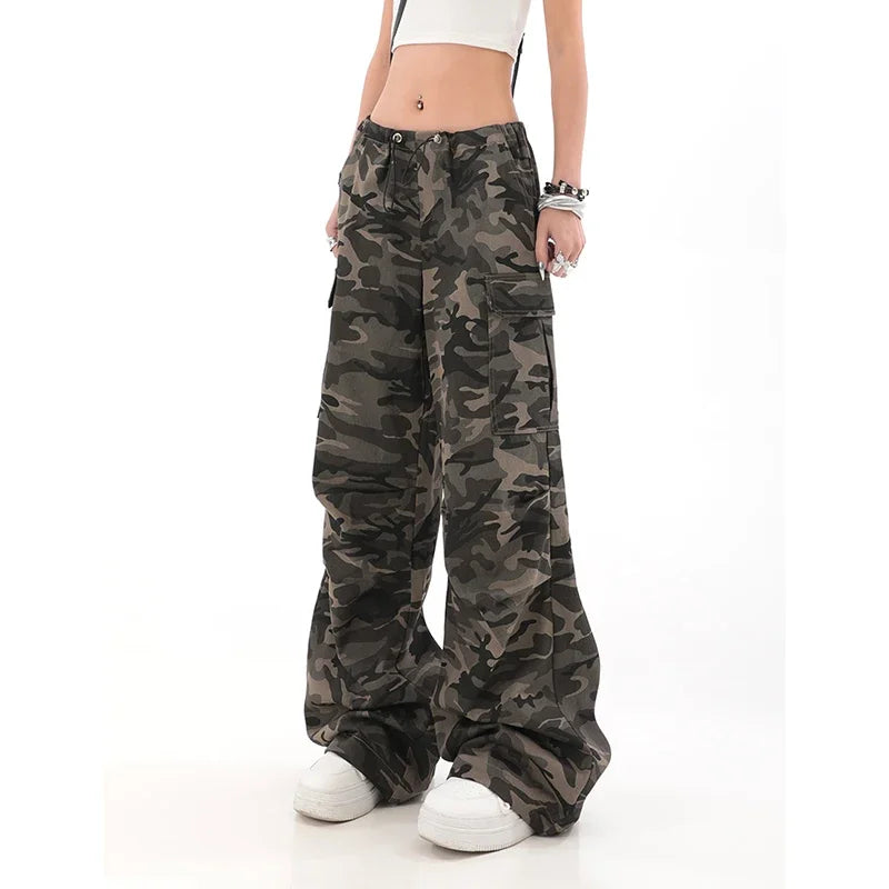 American Retro High Street Casual Overalls Camouflage Loose Wide Leg Pants For Women Y2k Hip-hop Cargo Grunge Baggy Trousers
