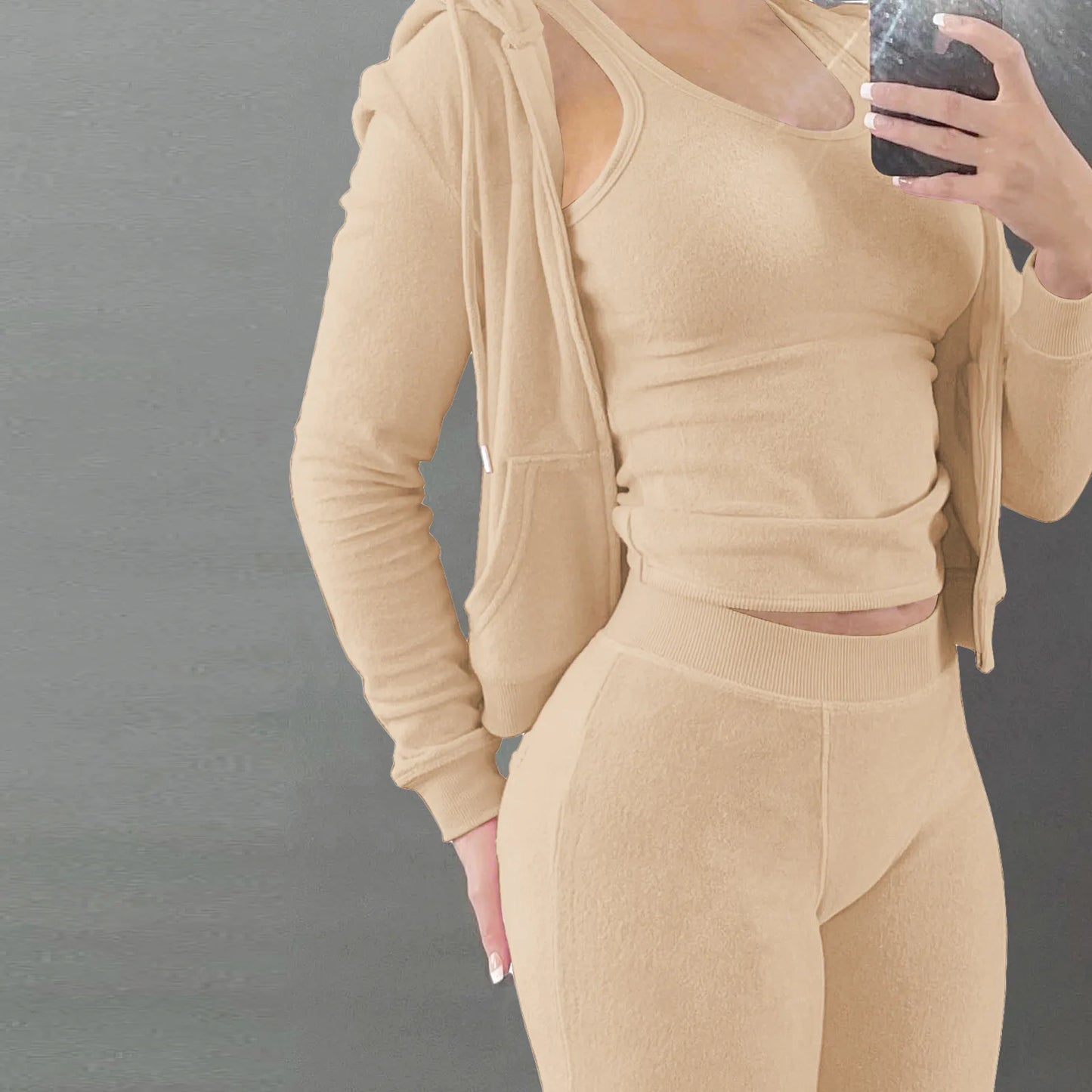 Autumn Winter Double-sided Velvet Vest 3 Piece Set For Woman's Fashion Hooded Sweatshirt Jacket Slim Pocket Trousers Female Suit