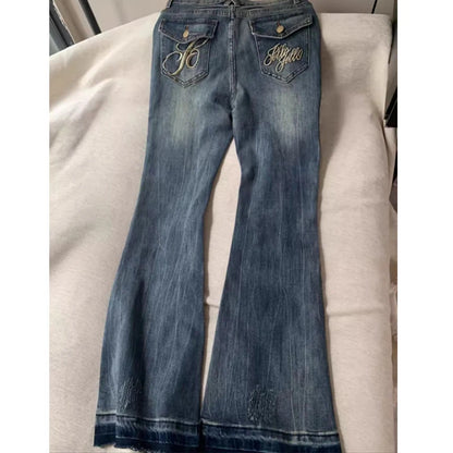Women's Blue Baggy Flare Jeans Vintage Korean Low Waist Cowboy Pants Harajuku Denim Trousers 90s Aesthetic Y2k Emo 2000s Clothes