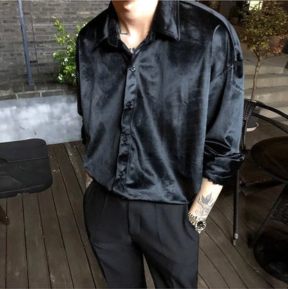 Velvet Shirt Men 2024 Autumn New Vintage Long Sleeve Casual Shirts Fashion Streetwear All-Matching Solid Bottoming Blouses