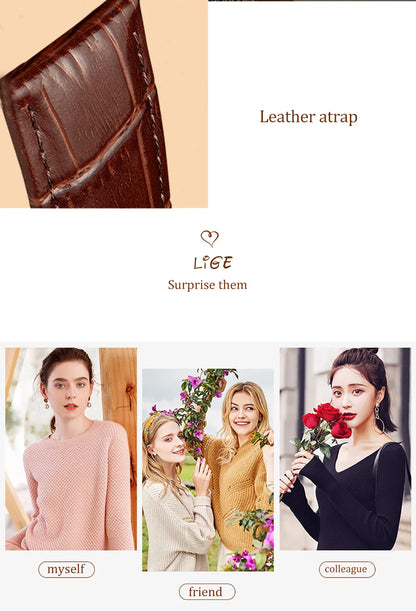 LIGE Women Watches Fashion Luxury Quartz Leather Strap Moon Phase Waterproof Luminous Wristwatch Date Business Casual Lady Clock
