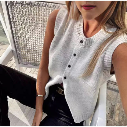 Casual Knitted Single Breasted Vest Women Loose Solid O Neck Sleeveless Female Waistcoat 2024 Autumn Lady All-match Streetwear