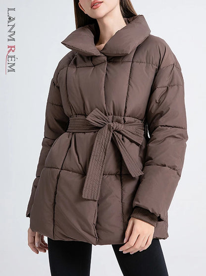 LANMREM Women's Parkas Solid Color Warm Cotton Padded Coat Jacket Belt Gathered Waist Female Fashion Winter Clothing 2DB1775