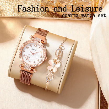 2 PCS New Women's Small Fresh Fashion Digital Rhinestone Star Quartz Watch Luxury Butterfly Jewelry Bracelet Birthday Gift Set