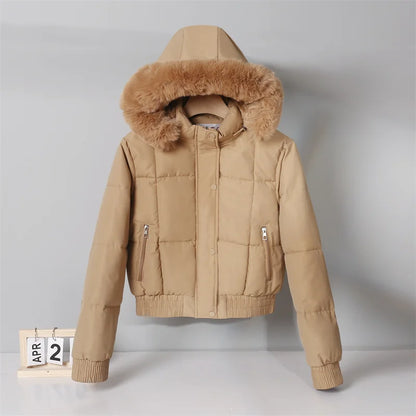 2024 Fashion Winter Short Parkas Women's Cotton-padded Jacket Fleece Liner Hooded Coats Thicken Fur Collar Warm Student Overcoat
