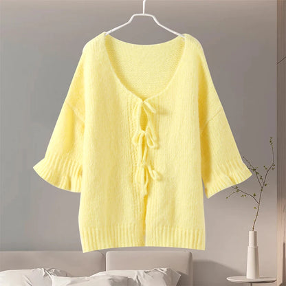 Bow Lace Up Hollow Out Knitted Cardigan  for Women