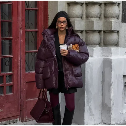 Fashion Burgundy Winter Warm Thicken Zipper Jacket Women Chic Stand Collar Pocket Cotton Coat 2024 Autumn Winter Lady Streetwear