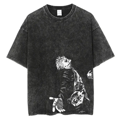 Vintage Anime Printed Washed T-shirt Men Women Cotton T Shirt Hip Hop Streetwear Summer Crew Neck Retro Short Sleeve Tees Tops