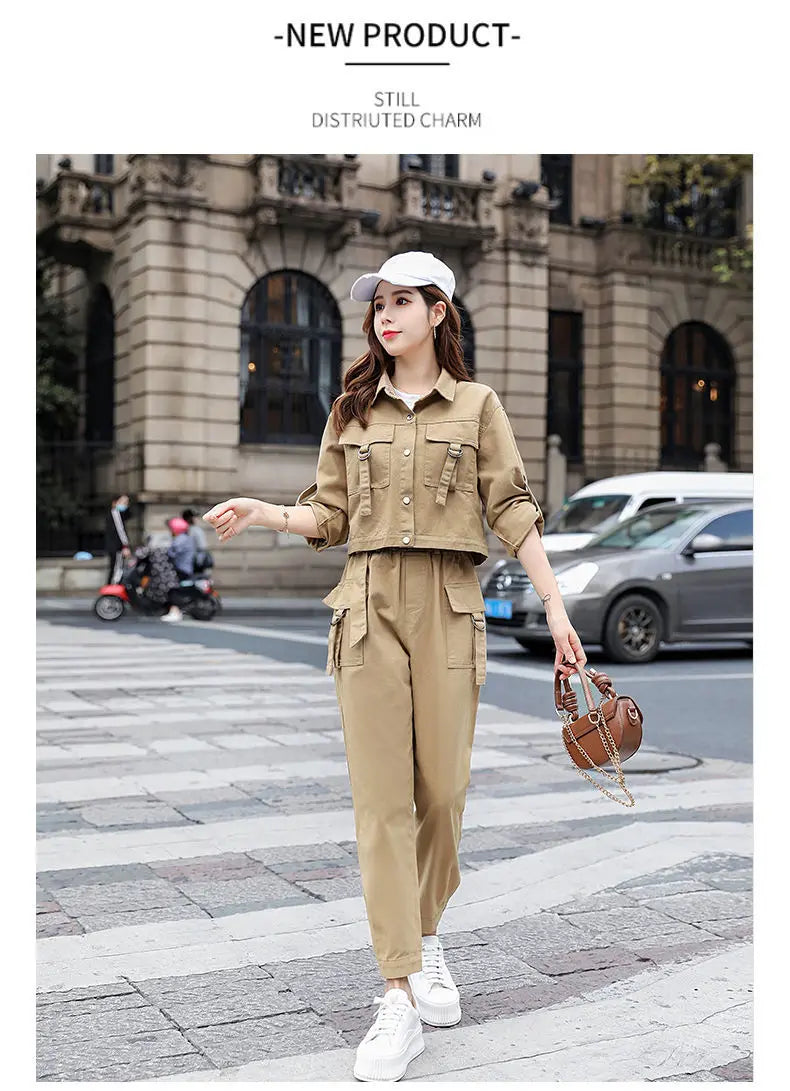 JOEVILU 2PCS Streetwear Tracksuit Cargo Coat Casual Pants 2 Piece Sets Women's Outfits Spring and Autumn Korean Fashion Y2k Suit