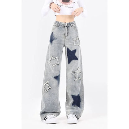 American Retro Jeans Five-point Star Raw Edge Splicing Loose Wide-leg Jeans Women Look Thin Trendy All-match Mopping Pants Women