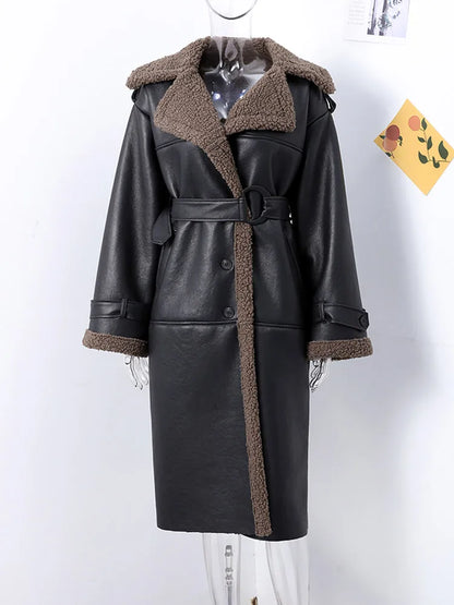 Vintage Faux Pu Leather Winter Jackets Women Casual Patchwork Lace Up Full Sleeve Female Coat Turn-down Collar Ladies Outwears