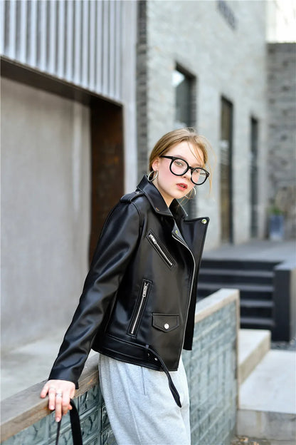 ZVRI classic black Spring and Autumn 2023 The new belt detachable epaulet motorcycle jacket leather jacket