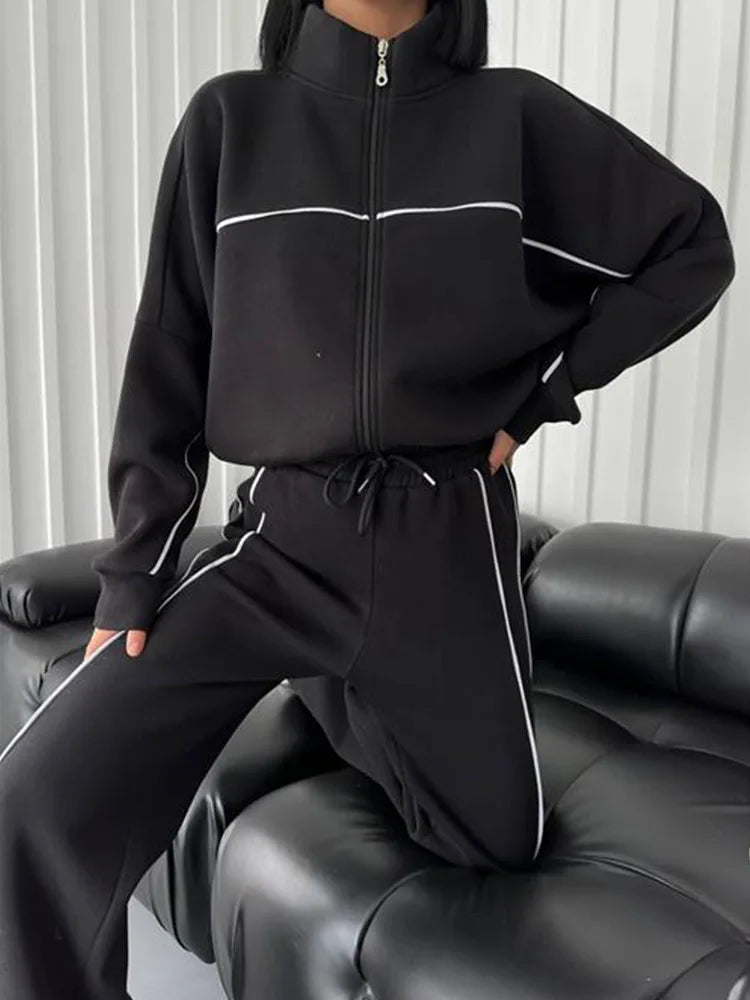 Jacket Women Tracksuit Wide Leg Pants Two Pieces Set Half High Neck Zippers Cardigan Outerwear Drawstring Pockets Matching Set