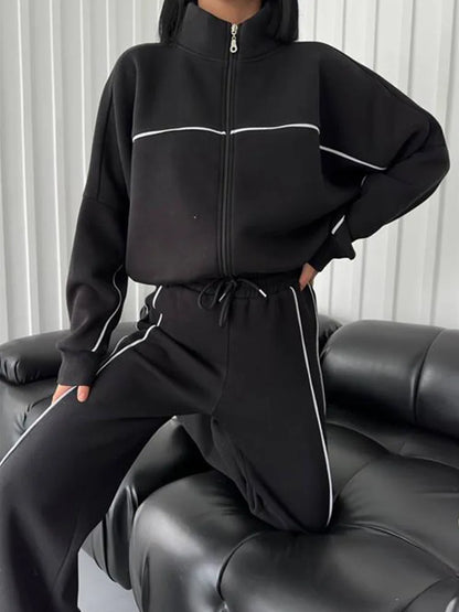 Jacket Women Tracksuit Wide Leg Pants Two Pieces Set Half High Neck Zippers Cardigan Outerwear Drawstring Pockets Matching Set
