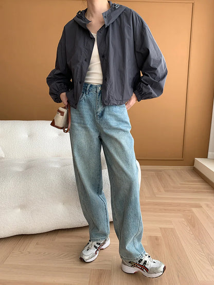 Curved Knife Cut Wide Leg Loose Jeans Look Slimmer 2024 Autumn Denim Pant