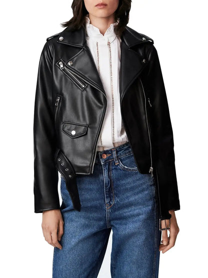 Women's Faux Leather Motorcycle Jacket PU Slim Short Biker Coat