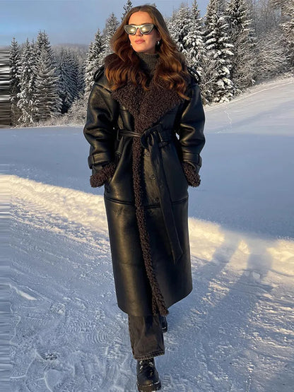 Vintage Faux Pu Leather Winter Jackets Women Casual Patchwork Lace Up Full Sleeve Female Coat Turn-down Collar Ladies Outwears
