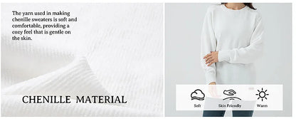 Chenille Sweater for Women O Neck Pullovers Ribbed Cuff Long Sleeve Knitted Tops Women Solid Sweater 2024 Cozy Sweaters Jumpers
