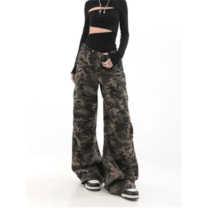 American Retro High Street Casual Overalls Camouflage Loose Wide Leg Pants For Women Y2k Hip-hop Cargo Grunge Baggy Trousers