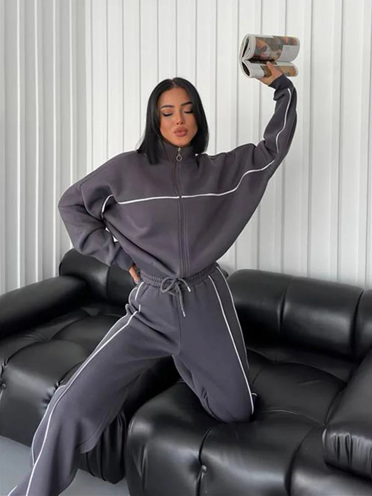 Jacket Women Tracksuit Wide Leg Pants Two Pieces Set Half High Neck Zippers Cardigan Outerwear Drawstring Pockets Matching Set