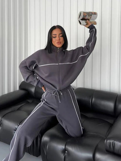 Jacket Women Tracksuit Wide Leg Pants Two Pieces Set Half High Neck Zippers Cardigan Outerwear Drawstring Pockets Matching Set