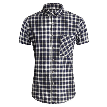 Striped Plaid Short Sleeved Shirt Men's Single-breasted Square Collar Cotton Shirts Summer Fashion Casual Camisa Men Chemise 7XL
