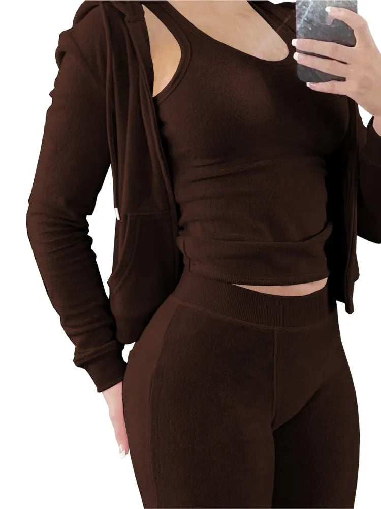 Autumn Winter Double-sided Velvet Vest 3 Piece Set For Woman's Fashion Hooded Sweatshirt Jacket Slim Pocket Trousers Female Suit