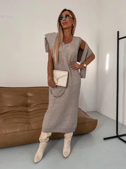 Turtleneck Long Solid Color Knitted Dress Sweater Two-piece Set