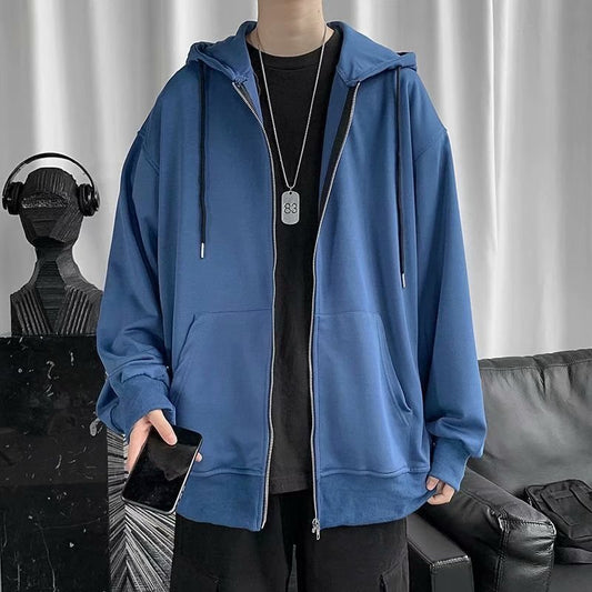 Cardigan Sweater Men Loose Hoodie Solid Color Casual