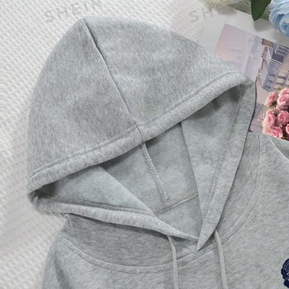 Rose And Letter Print Hoodie Casual Sweatshirt Men And Women