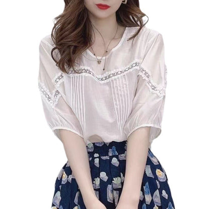 Design Sense Puff Sleeve Shirt Women's Lace